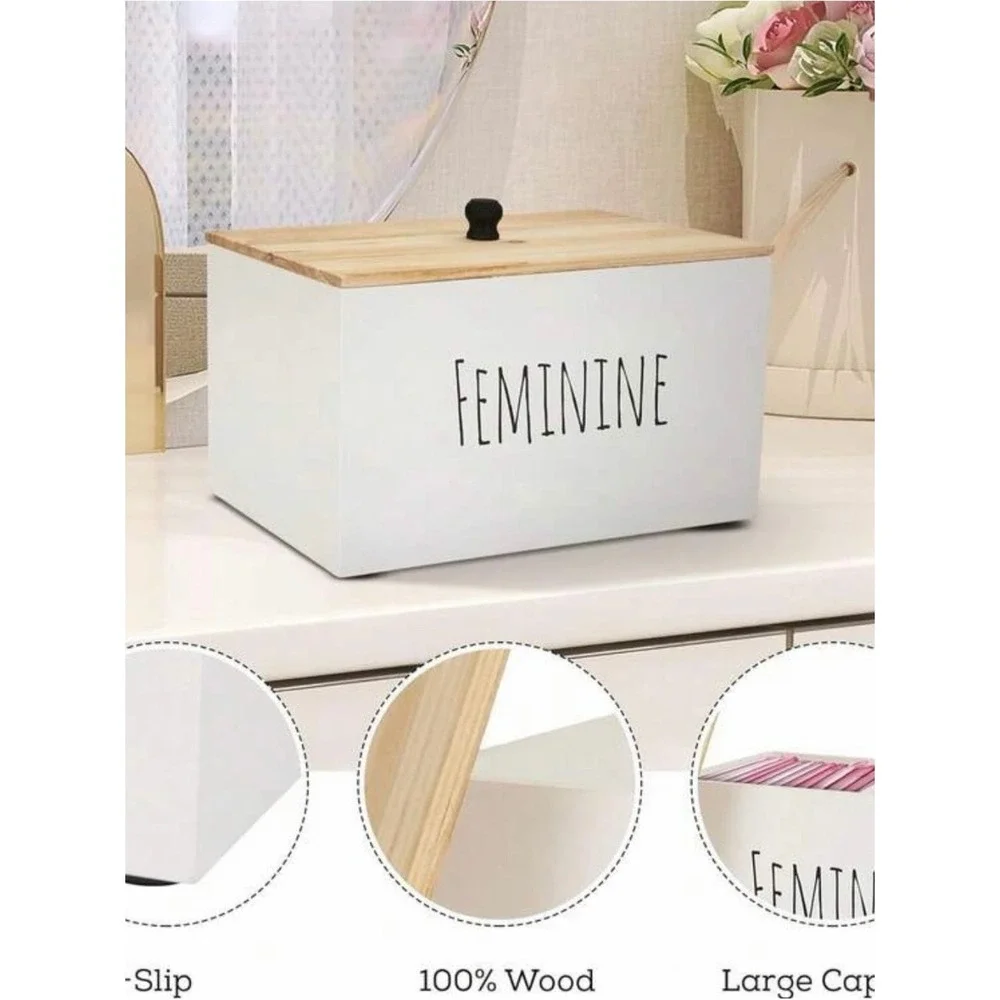 Feminine Bathroom Storage Box – White with Wood Lid